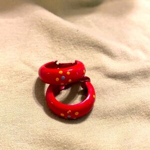 Clip on earrings red with floral paint vintage